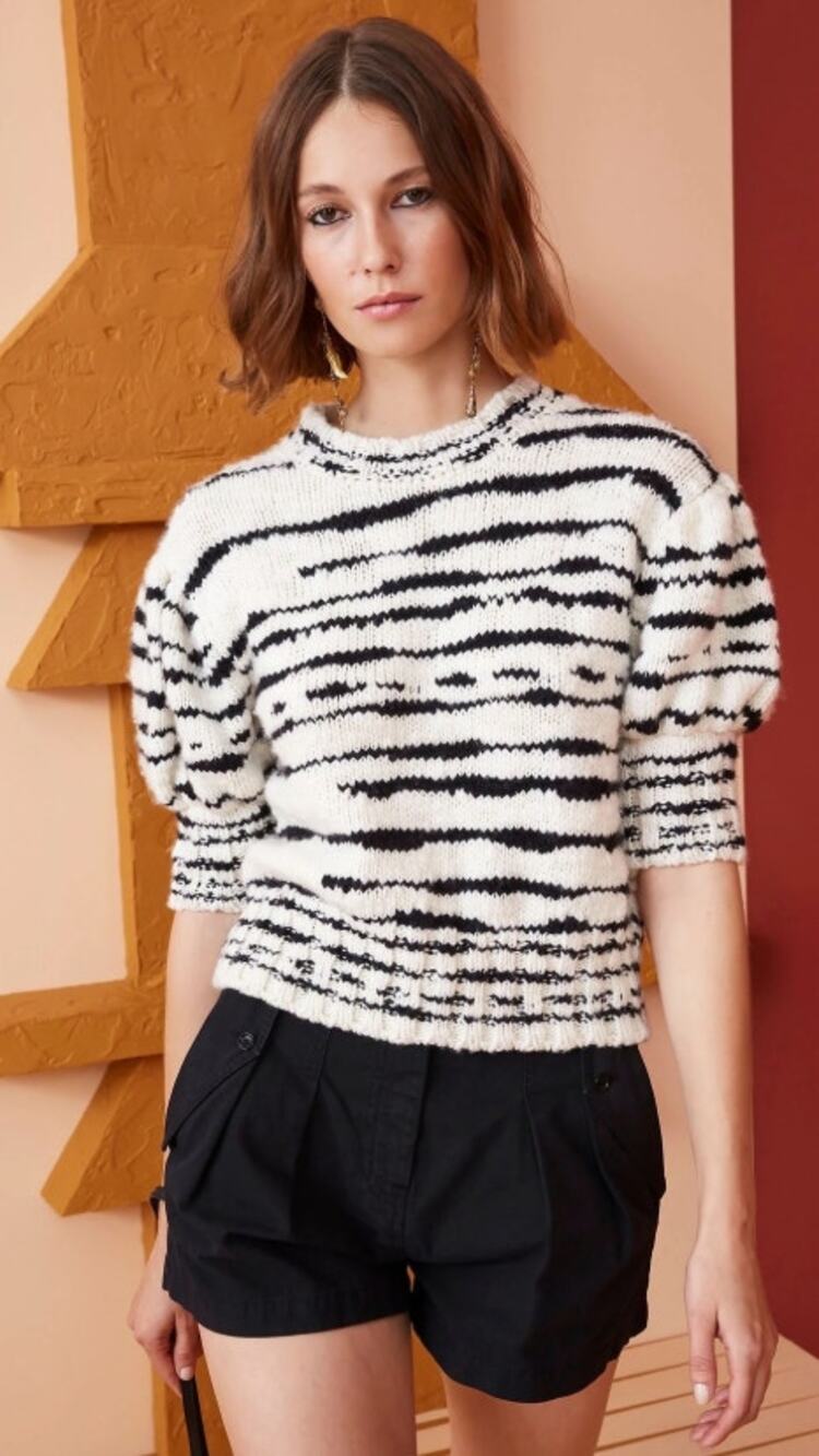 Ulla Johnson Hana Pullover Sweater Cream Black Zebra Print Puff Sleeves Medium